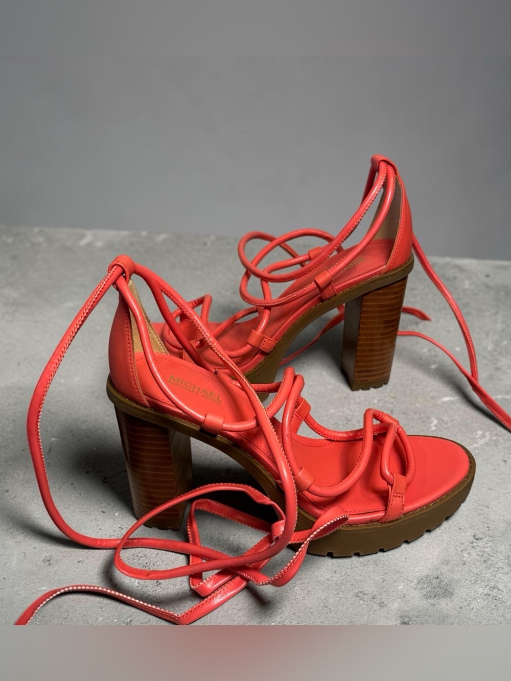 Michael Kors leather Coral Lace-Up Stacked Block Heel Sandals, size 6.5, NWOT